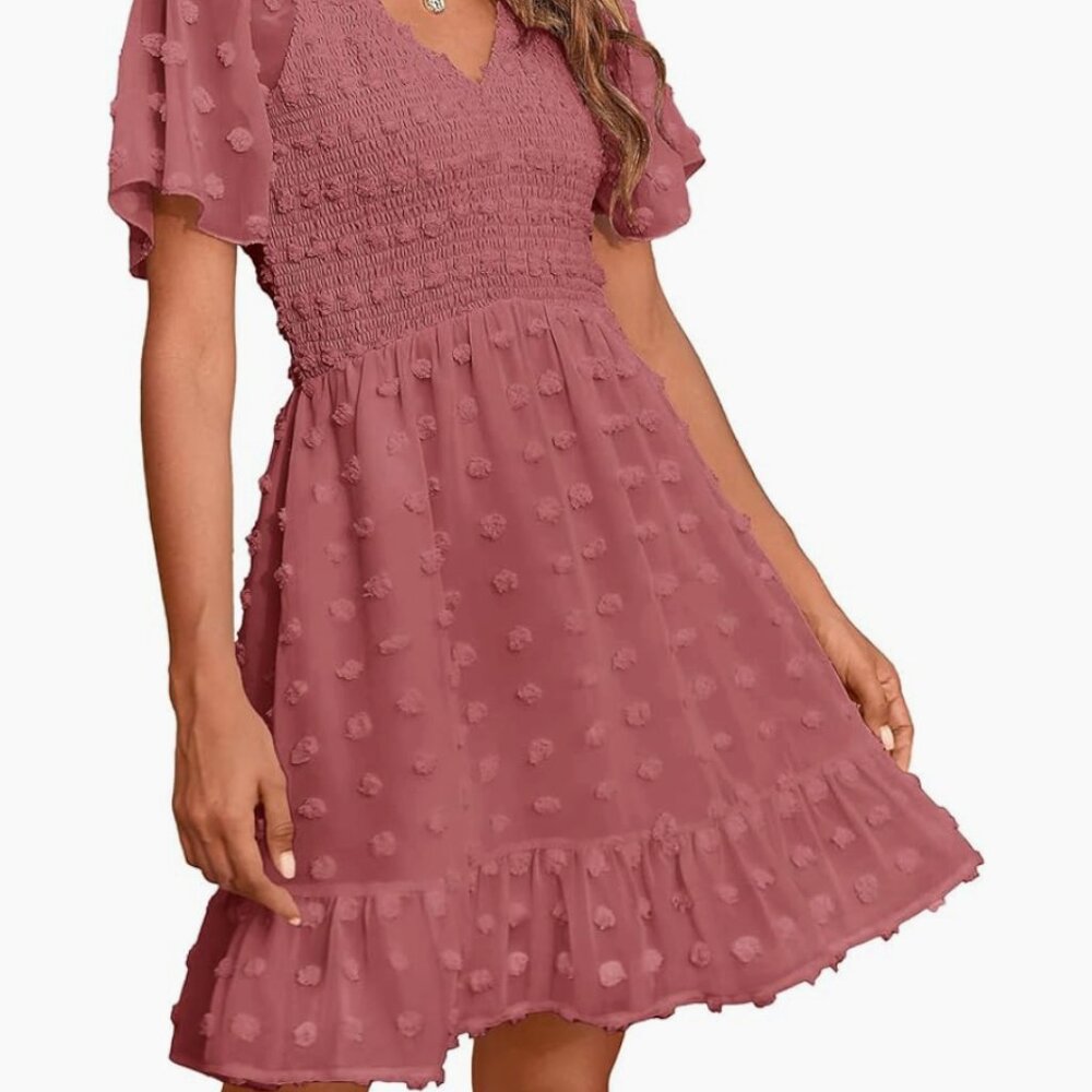 Beach Vacation Dress V Neck Short Sleeve Smocked Swiss Dot Casual Ruffle Mini